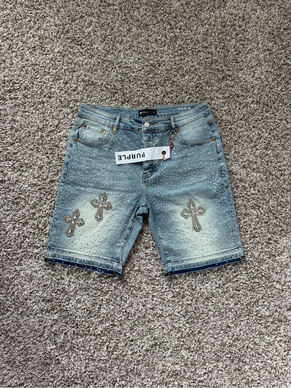 Purple Brand Rhinestone Cross Denim Shorts Light Was